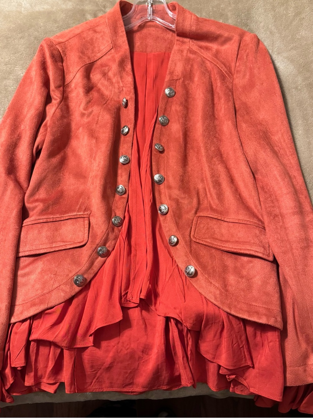 Women's Coral Suede Jacket with Ruffle Hem